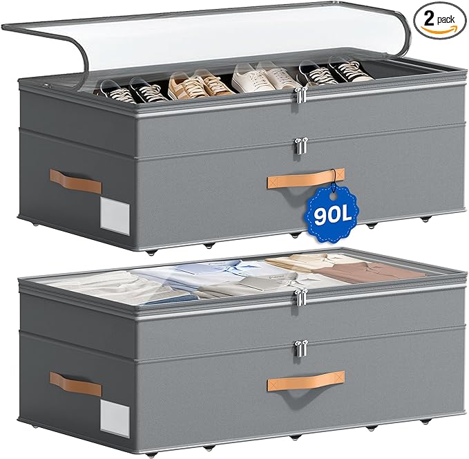 Under Bed Storage with Wheels, 2-Pack Underbed Storage Containers, No Assemble 11 inches 90L XXL Large Adjustable Storage Bins with Clear Lids, Rolling Storage for Clothes, Shoes, Blankets, Gray