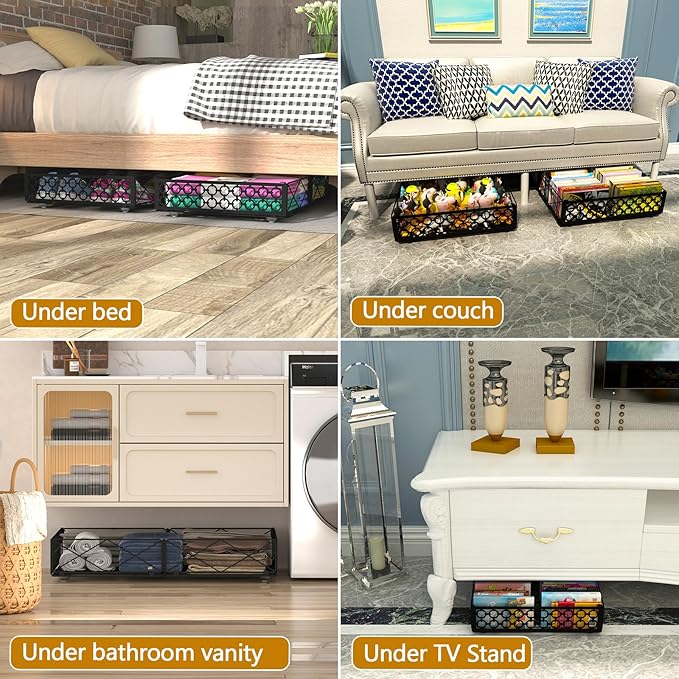 NADAMOO Low Profile Under Bed Storage with Wheels, 4 Pack Rolling Storage Containers, Foldable Metal Organizer Bins