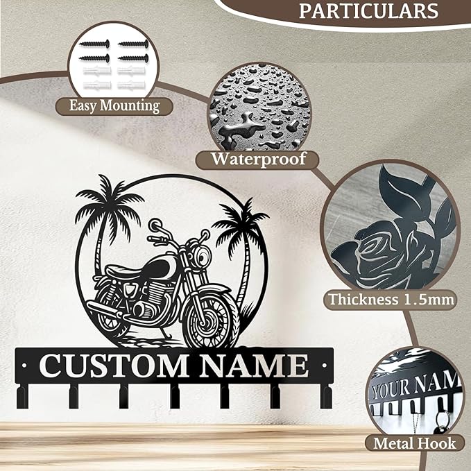 Custom Motorcycle Garage Metal Wall Hooks,Key Holder-Personalized Iron Wall Decor for Keys, Coats & Home (Black, Handmade,Decorative,Entryway, Bedroom,Man Cave) (Style I)