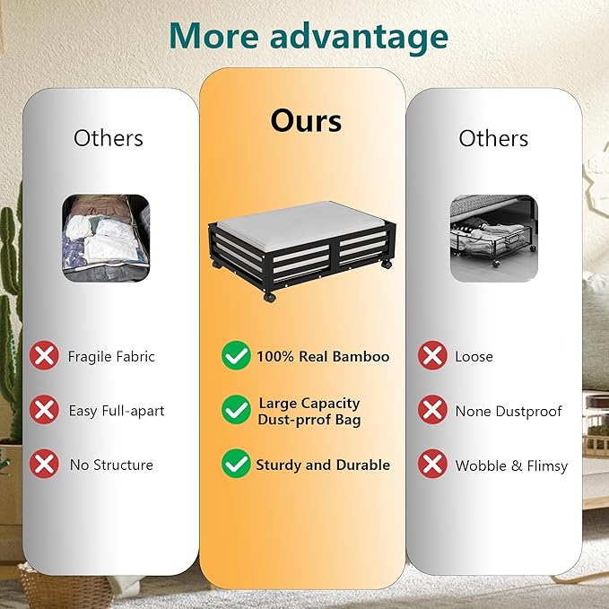 Wisuce Bamboo Under Bed Storage Containers- Underbed Organizer with Wheels with Large Dust Bag,Sturdy Wood Rolling Under the Bed Shoe Storage Organizer Drawer 2 Pack