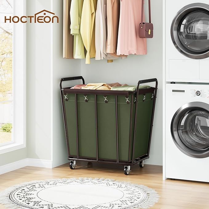 Hoctieon Large Laundry Cart with Wheels, 400L Heavy Duty Laundry Basket Organizer, Rolling Hamper Sorter for Clothes Storage, Industrial Dirty Clothes Hamper for Home & Hotel, Green+Brown