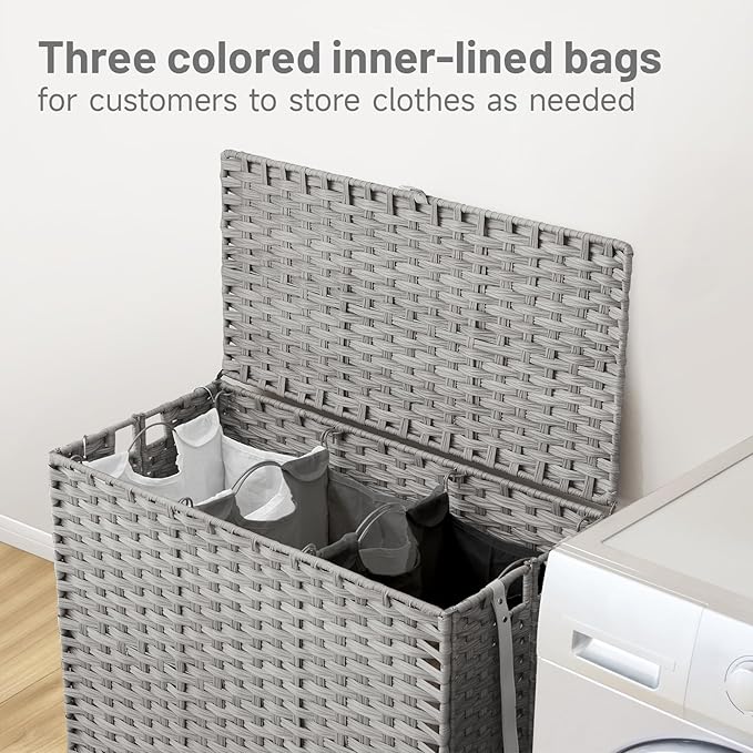 Laundry Hamper with Wheels, 52.8 Gallon(200L) Rolling Laundry Basket with Lid, Removable Large 3 Color Liners & 3 Mesh Laundry Bags, Clothes Hamper with Side Pocket, Grey