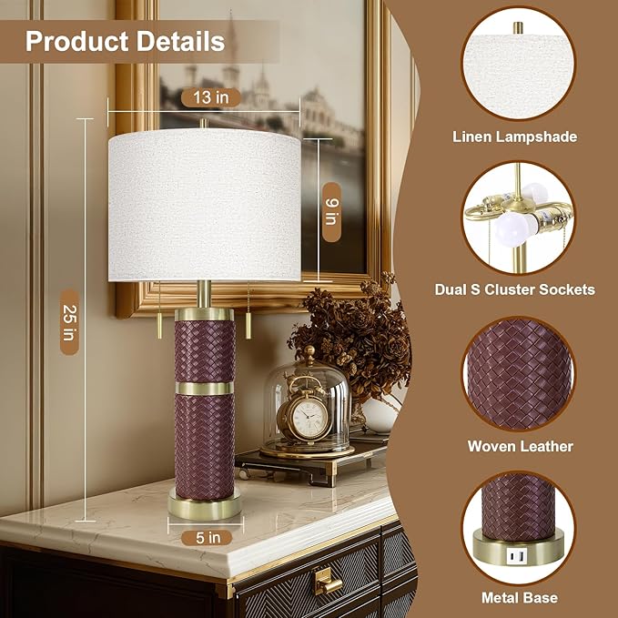 Woven Leather Table Lamps Set of 2, Lamps for Night Stands, 25" Bedside Lamps with USB A+C Ports, Linen Shade, Modern Table Lamps for Bedroom Living Room Office Reading(Bulb Included)