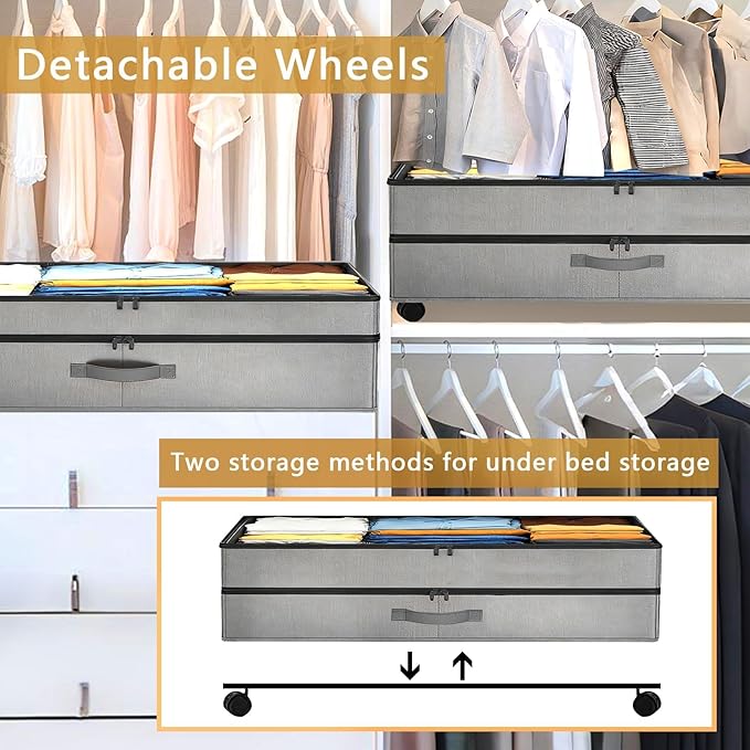 Under Bed Storage with Wheels, 90L XXL Underbed Storage with Wheels Large, 11" Tall Dorm Adjustable Shoe Organizer Under Bed Containers Bins with Lid for Clothes, Shoes, Blankets, Books, Grey