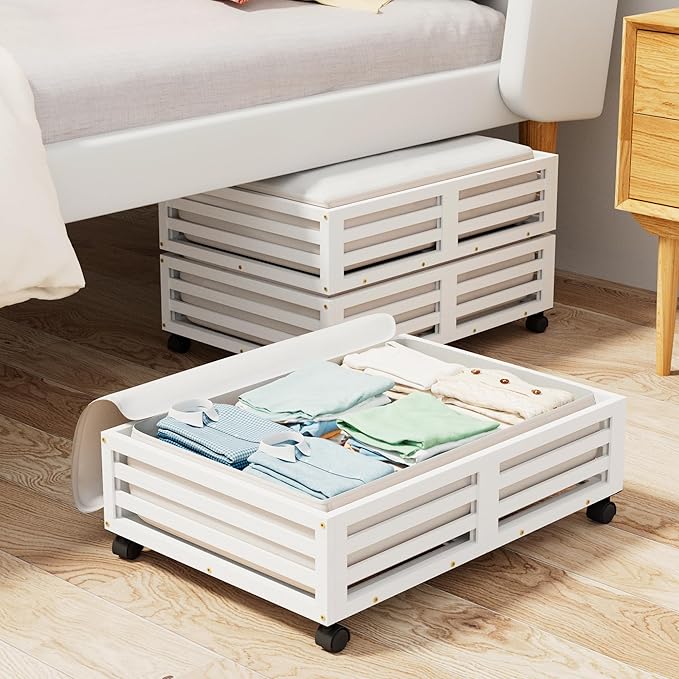 Wisuce Bamboo Under Bed Storage Containers- Underbed Organizer with Wheels with Large Dust Bag,Sturdy Wood Rolling Under the Bed Shoe Storage Organizer Drawer 2 Packs (White, Small)