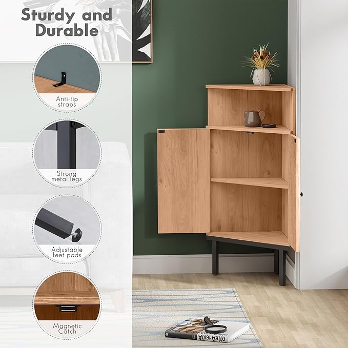 Yechen 39.7" Corner Storage Cabinet with Adjustable Shelf and Rattan Doors, Small Boho Corner Shelf Stand with Open Storage, Freestanding Cabinet for Bathroom, Living Room/Metal Legs/Light Brown