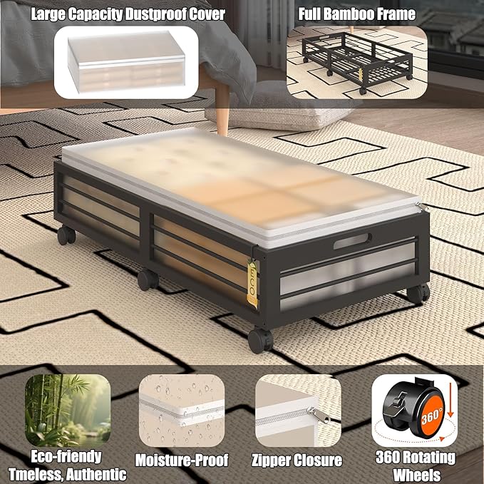 Under Bed Storage Containers with Wheels, Larger Bamboo Wood Under Furniture Storage Containers with Dust Bags，Rolling for Shoes Clothes