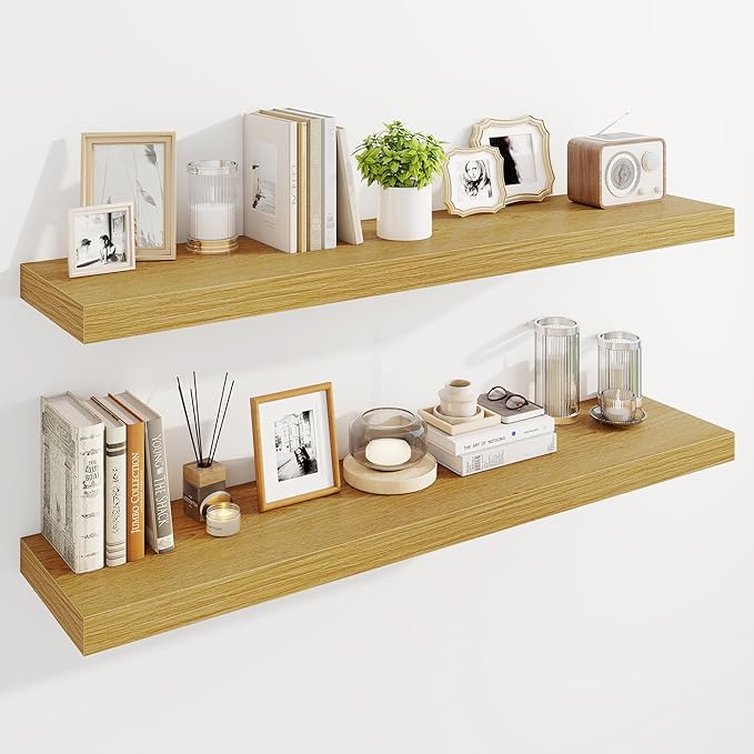 Marsmiles 48" Floating Shelves for Wall, Wooden Shelves with Invisible Brackets Set of 2, Rustic Farmhouse Wall Mounted Shelf for Kitchen Bathroom Living Room Study, Natural Oak