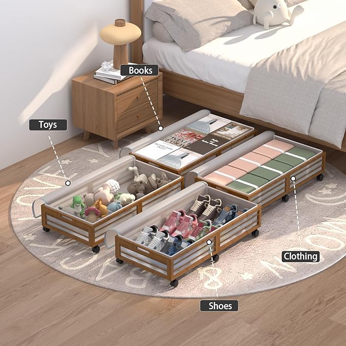 Under Bed Storage Containers with Wheels, Larger Bamboo Wood Under Furniture Storage Containers with Dust Bags，Rolling for Shoes Clothes