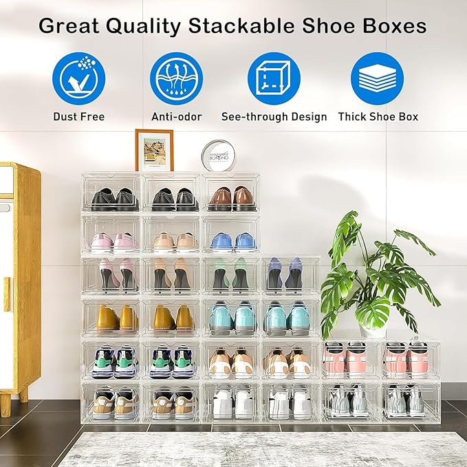 10 Pack XX Large Thicken Sturdy Hard Plastic Clear Stackable Shoe Storage Boxes for Size 12, Sneaker Shoe Rack Containers Holders Bins Display Case Organizer for Closet, White