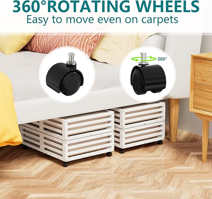 Wisuce Bamboo Under Bed Storage Containers- Underbed Organizer with Wheels with Large Dust Bag,Sturdy Wood Rolling Under the Bed Shoe Storage Organizer Drawer 2 Packs (White, Small)