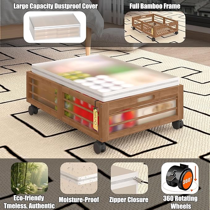 Under Bed Storage Containers with Wheels, Larger Bamboo Wood Under Furniture Storage Containers with Dust Bags，Rolling for Shoes Clothes