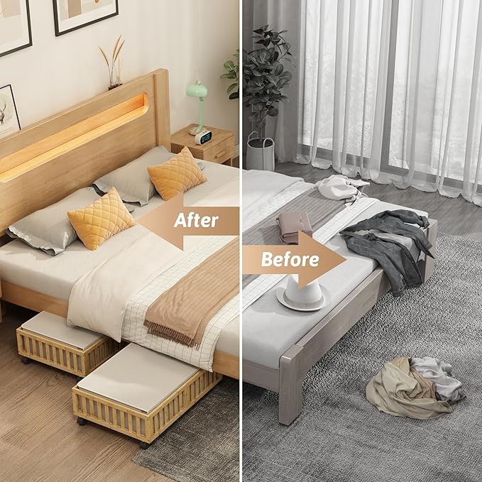 Bamboo Under Bed Storage Containers with Wheels, 2 Pack Under the Bed Shoe Storage Bins, Wood Rolling Underbed Drawers with Bag Organizer for Bedroom, Sheets Clothes Blanket Comforter, Under Crib Toy