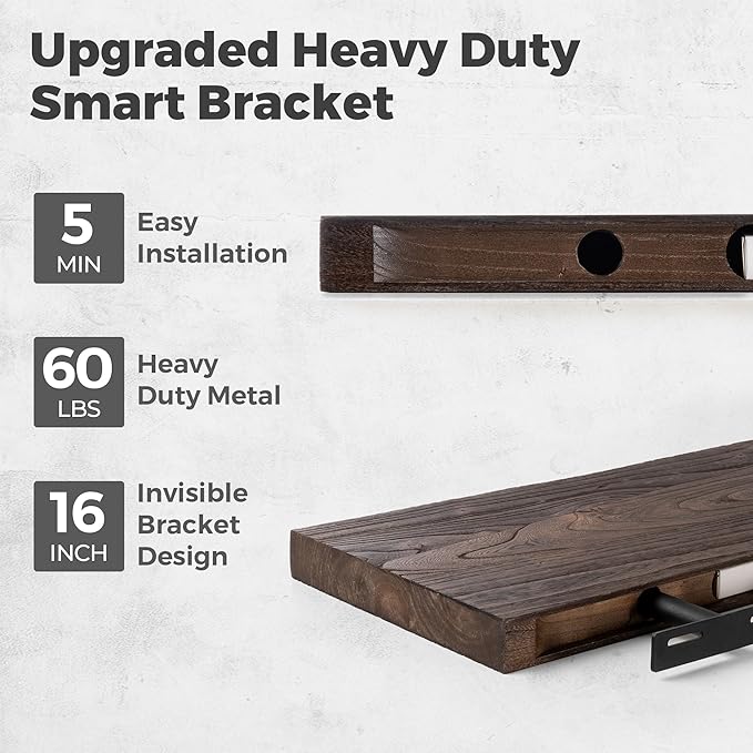 Live Edge Elm Floating Shelves For Wall - 55" W x 9.3" D Rustic Solid Long Wood Shelves with Invisible Bracket, Wall-Mounted Storage & Display Shelf for Living Room Bedroom Kitchen, Set of 2, Walnut