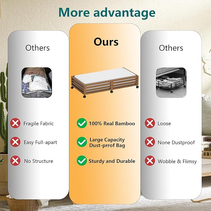 Wisuce Bamboo Under Bed Storage Containers- Underbed Organizer with Wheels with Large Dust Bag,Sturdy Wood Rolling Under the Bed Shoe Storage Organizer Drawer 2 Packs (Walnut, Long)