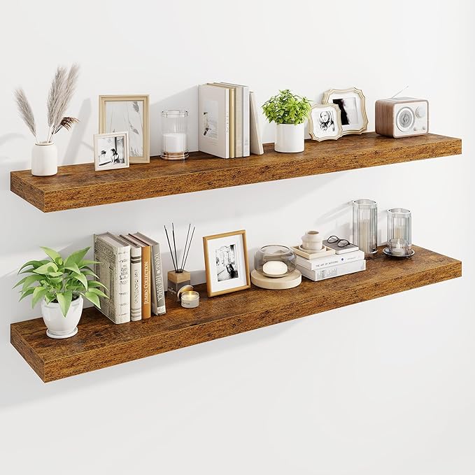 Marsmiles 55" Floating Shelves for Wall, Wooden Shelves with Invisible Brackets Set of 2, Rustic Farmhouse Wall Mounted Shelf for Kitchen Bathroom Living Room Study, Rustic Brown