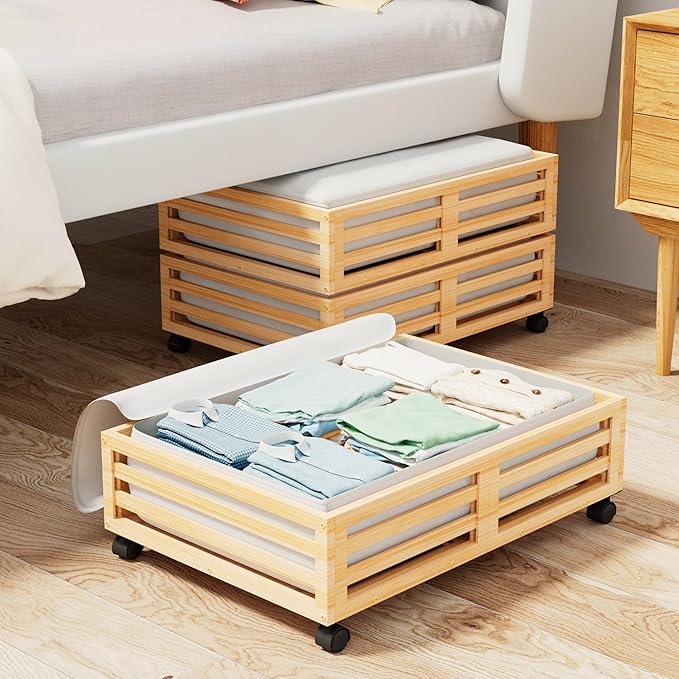 Wisuce Bamboo Under Bed Storage Containers- Underbed Organizer with Wheels with Large Dust Bag,Sturdy Wood Rolling Under the Bed Shoe Storage Organizer Drawer 2 Packs (Nature, Small)