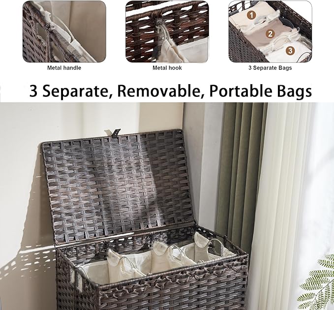 Laundry Hamper with Wheels&Lid, 50.2 Gallons(190L) Rolling Laundry Basket with Wheels, 3-Section Laundry Hamper, Handwoven Rattan Clothes Hamper with 6 Removable Liner& 3 Mesh Laundry Bags, Brown