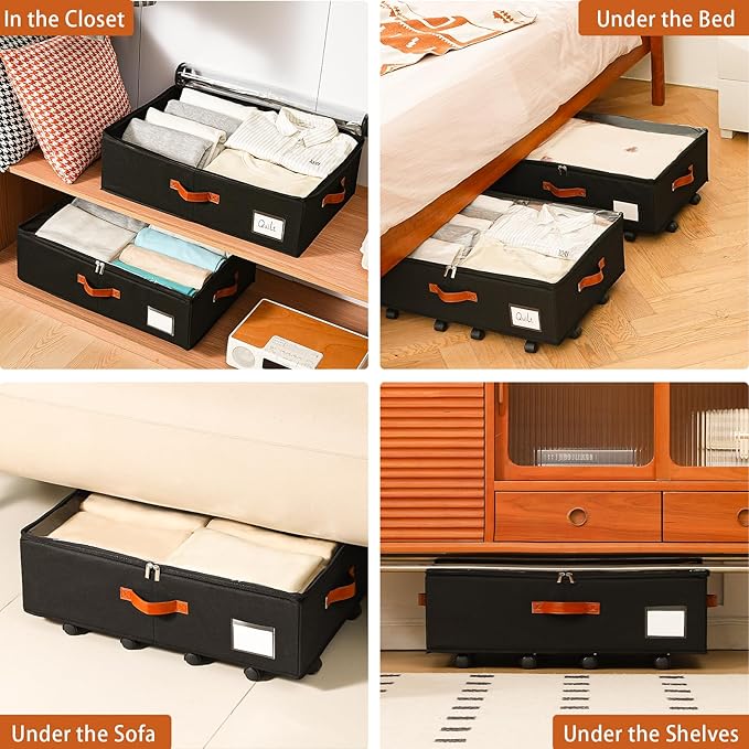 Under Bed Storage Organizer with Wheels, Underbed Container with Clear Lid Cover, Storage Bag Box with Visiable Window for Clothes, Bedsheet, Pillow, 2 Pack，7.5 inches