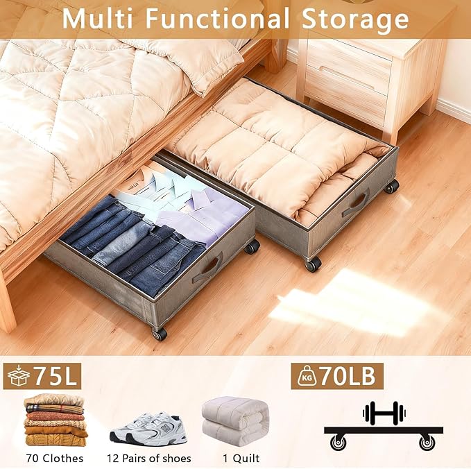 Under Bed Storage with Wheels, 90L XXL Underbed Storage with Wheels Large, 11" Tall Dorm Adjustable Shoe Organizer Under Bed Containers Bins with Lid for Clothes, Shoes, Blankets, Books, Grey
