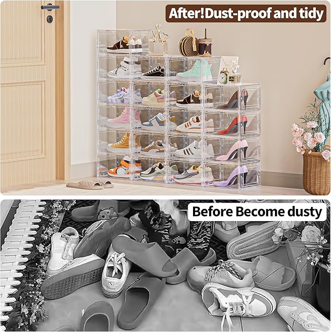 10 Pack XX Large Shoe Organizer, Heavy-Duty Hard Thicken Plastic Clear Stackable Shoe Storage Box Organizer for Closet, Space-Saving Shoe Rack Display Case Bin Containers for Sneakers, Clear