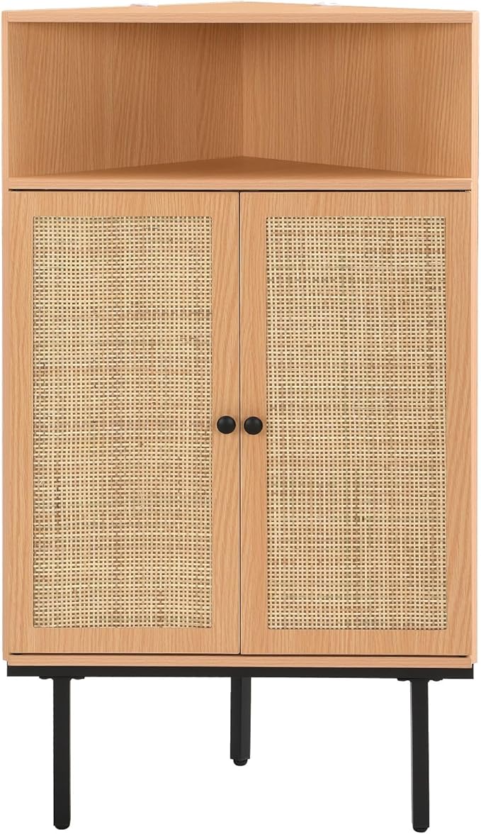 Yechen 39.7" Corner Storage Cabinet with Adjustable Shelf and Rattan Doors, Small Boho Corner Shelf Stand with Open Storage, Freestanding Cabinet for Bathroom, Living Room/Metal Legs/Light Brown