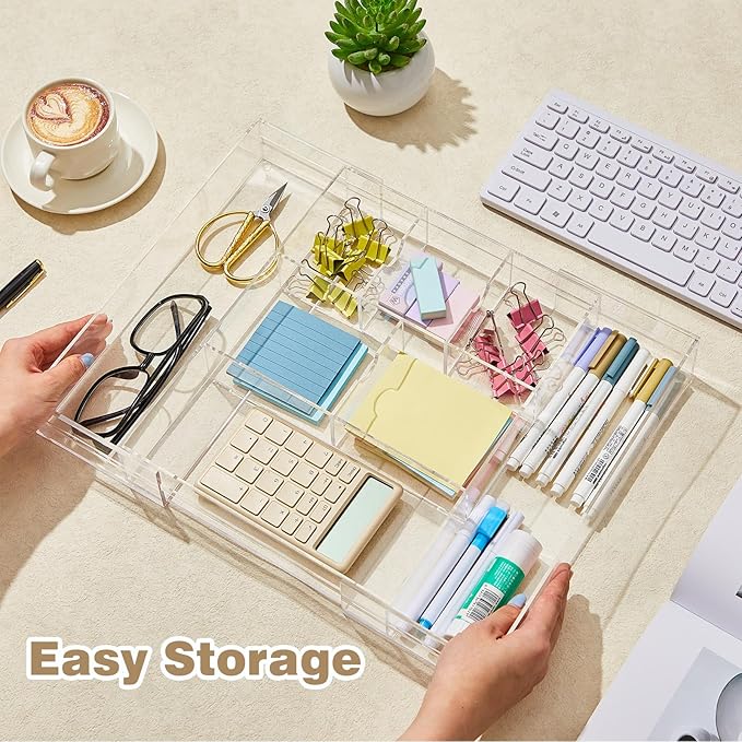 1 Pcs Acrylic Desk Drawer Organizer 2 Inch Height Expandable Drawer Organizer Trays with Adjustable Compartments Desk Accessories for Makeup Silverware Office Bathroom(Clear, Classic)