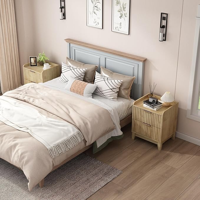 Wnutrees Fluted Nightstand with Charging Station, Modern Bedside Table with 2 Drawers, Farmhouse Wooden End Side Table for Living Room, 2Pack, Natural