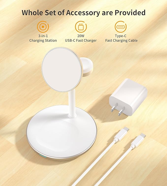 XooFly 3 in 1 Wireless Charging Station for Apple Devices, Fast Wireless Mag-Safe Charger Stand with 20W Adapter for iPhone 17/16 15 14 13 12 Pro Max/Pro/Plus/Air/Mini, iWatch, AirPods (Gold)