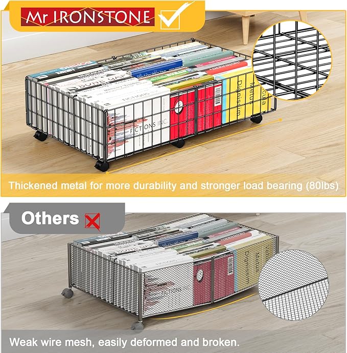 Mr IRONSTONE Under Bed Storage Containers with 6 Wheels | Upgraded Heavy-Duty Metal Frame Holds Up to 80LBS | Space-Saving Rolling Underbed Storage Organizer for Shoes, Clothes & Seasonal Items