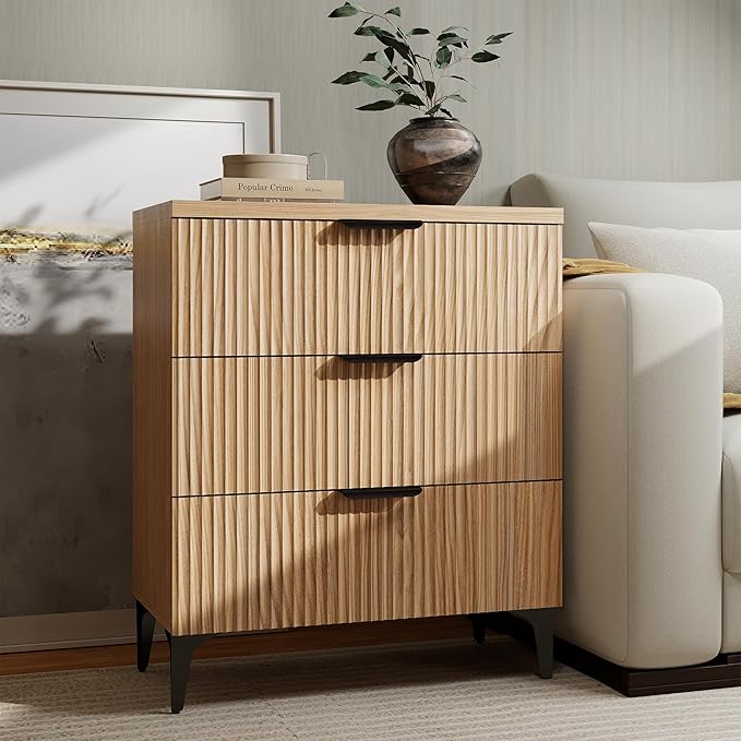 Wood Night Stand Set Fluted Dresser for Bedroom 3 Drawers End Tables Nightstand, Storage Modern Side Table Natural Wood Bedside Table