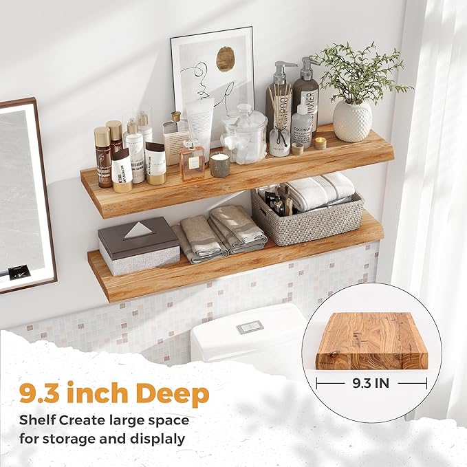 Live Edge Elm Floating Shelves For Wall - 36" W x 9.3" D Rustic Solid Wood Shelves with Invisible Bracket, Wall-Mounted Storage & Display Shelf for Living Room Bedroom Kitchen, Set of 2, Natural