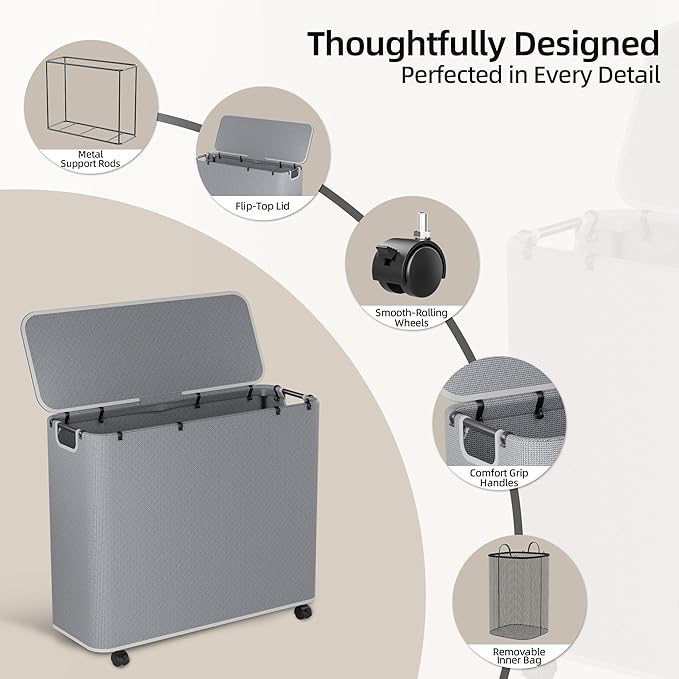 Yecaye 180L Laundry Basket With Lid and Removable 3 Bags, Large Rolling Laundry Hamper with Lid, 3 Section Rolling Clothes Storage With Wheels, Clothes Hamper with Wheels For Laundry Room, Grey