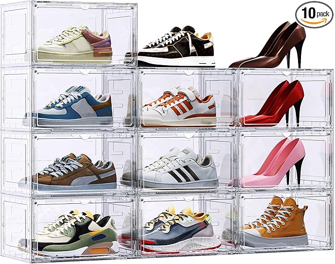 10 Pack XX Large Shoe Organizer, Heavy-Duty Hard Thicken Plastic Clear Stackable Shoe Storage Box Organizer for Closet, Space-Saving Shoe Rack Display Case Bin Containers for Sneakers, Clear