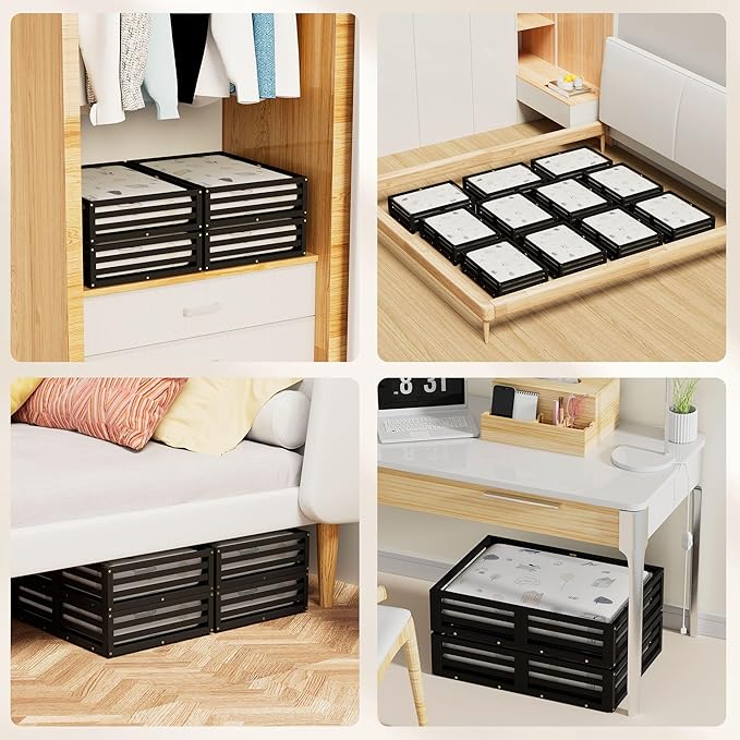Bamboo Under Bed Storage Containers- Underbed Organizer with Wheels with Large Capacity Dust Bag,Sturdy Wood Rolling Under Bed Shoe Storage Organizer 2 Packs (Black, 2 Packs (23.62"×16.54"))