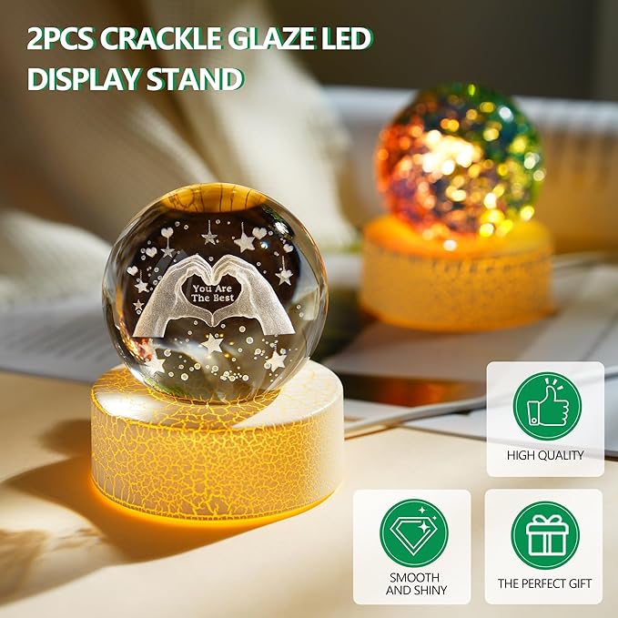 ZEERSHEE 2Pcs Crackle Glaze LED Display Stand for 3D Crystal 2.7*1inch Glass Resin Art Warm Light Lamp Base for Home Decor