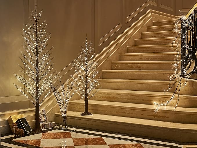 Hairui Lighted Willow Branches Silver Glittered 32IN 120 LED Fairy Lights with Timer, Twig Branch with Lights Battery Operated or USB Plug in for Home Fireplace Room Christmas Holiday Decoration