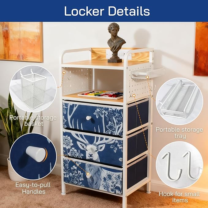 YCY Nightstand with Charging Station, Sturdy Metal Frame Bedside Table, 3 Wax-Dyed Fabric Drawers, Open Storage Shelf, Built-in USB Ports and Dual Outlets for Bedrooms,Living Room