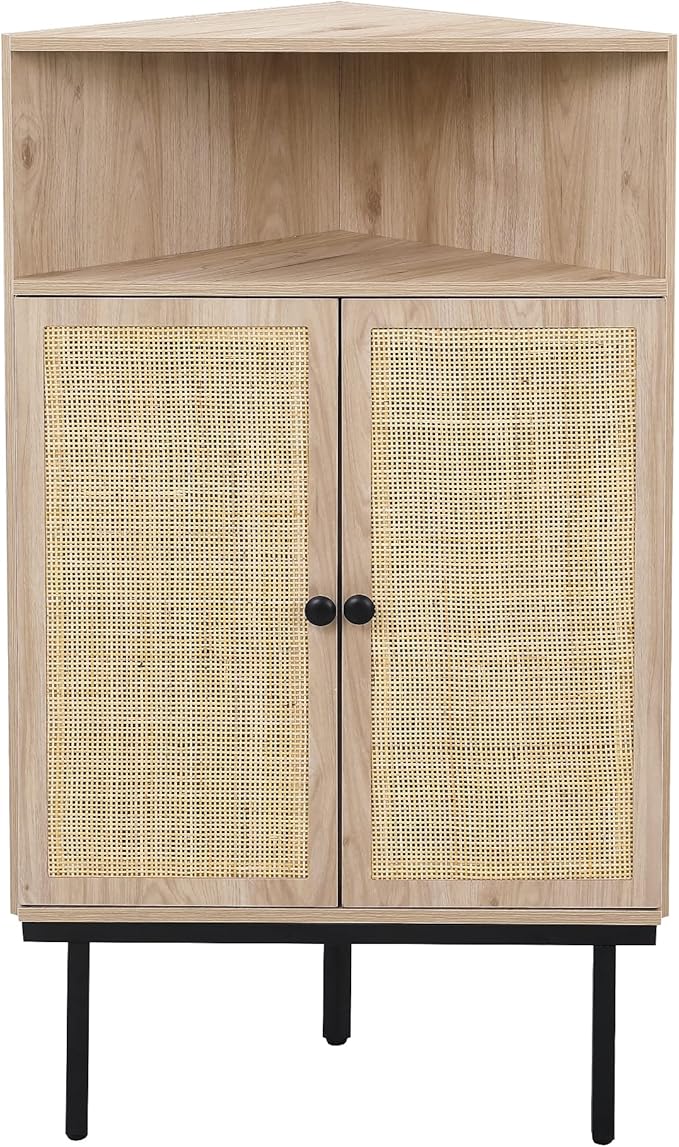Yechen 39.7" Corner Storage Cabinet with Adjustable Shelf and Rattan Doors, Small Boho Corner Shelf Stand with Open Storage, Freestanding Cabinet for Bathroom, Living Room/Metal Legs/Natural Oak