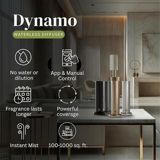 Dynamo Hotel Scent Diffuser – Cold-Air Essential Oil Diffuser for Home & Large Rooms up to 1000 sq ft, App & Manual Control, Hypoallergenic, Includes White Tea Fragrance Sample – Titanium