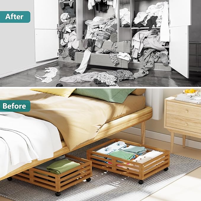 Wisuce Bamboo Under Bed Storage Containers- Underbed Organizer with Wheels with Large Dust Bag,Sturdy Wood Rolling Under the Bed Shoe Storage Organizer Drawer 2 Packs (Walnut, Small)