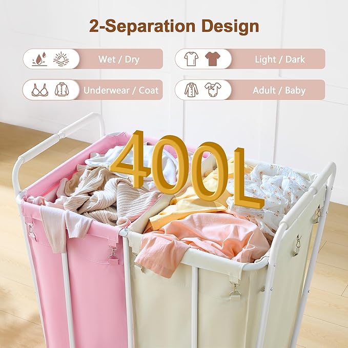 Hoctieon 2 Section Laundry Sorter Cart, 400L Rolling Hamper with Wheels, Industrial Laundry Basket Organizer, Extra Large Dirty Clothes Hamper for Home & Hotel, Heavy Duty, Pink+Beige