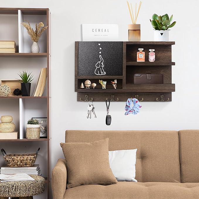 Key Holder for Wall, Mail Organizer Wall Mount with Key Hooks and Chalkboard & Mirror for Sunglasses Storage and Dog Leash Hanger, Decorative with 4 Double Hooks