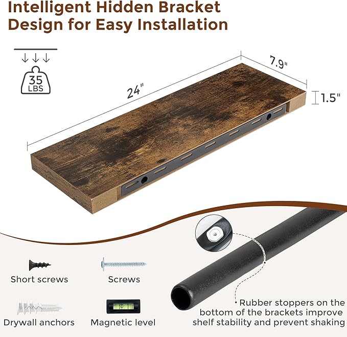 Heimlove 24 Inch Floating Shelves for Wall Rustic Brown Shelves Set of 2,Wall Mounted Rustic Wood 8 Inch Deep Floating Shelf with Invisible Brackets for Bedroom Kitchen Living Room