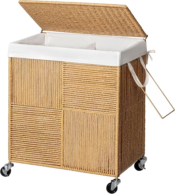 WOWLIVE Double Laundry Hamper with Lid, Handwoven Rolling Laundry Basket with Wheels, 115L Dirty Clothes Hamper with Removable Liner Bag Large Capacity Laundry Sorter Laundry Room Organization,Natural