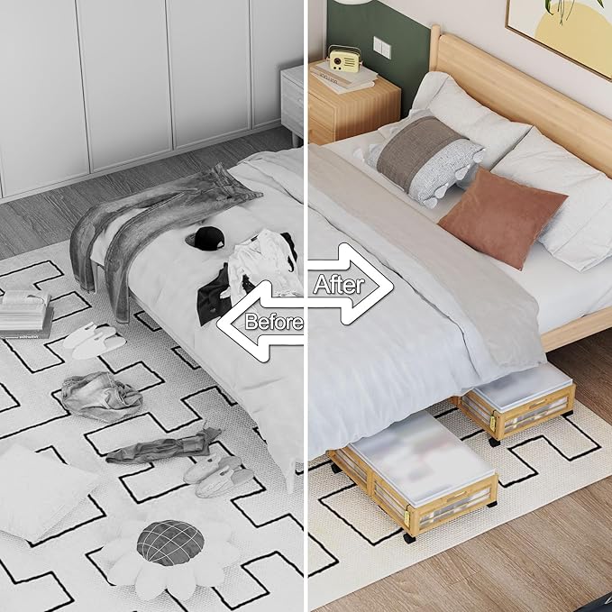 Under Bed Storage Containers with Wheels, Larger Bamboo Wood Under Furniture Storage Containers with Dust Bags，Rolling for Shoes Clothes