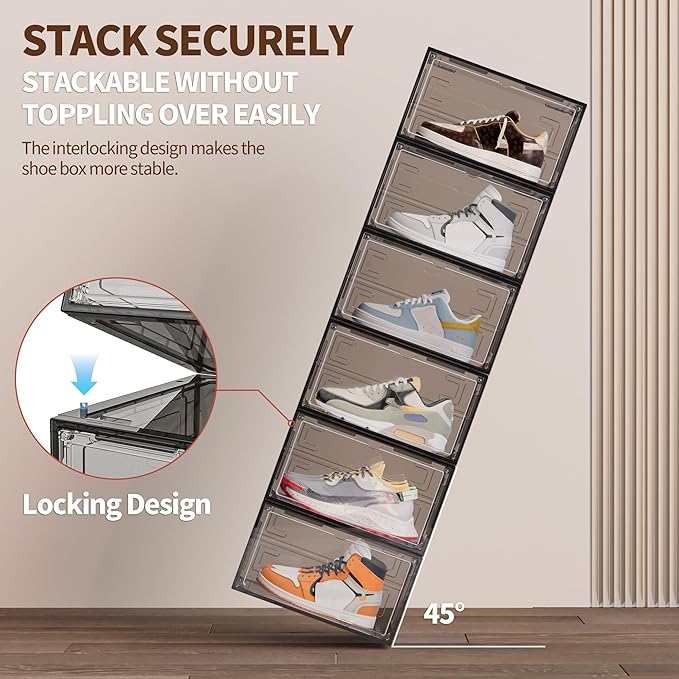 10 Pack XX Large Shoe Organizer, Heavy-Duty Hard Thicken Plastic Clear Stackable Shoe Storage Box Organizer for Closet, Space-Saving Shoe Rack Display Case Bin Containers for Sneakers, Grey