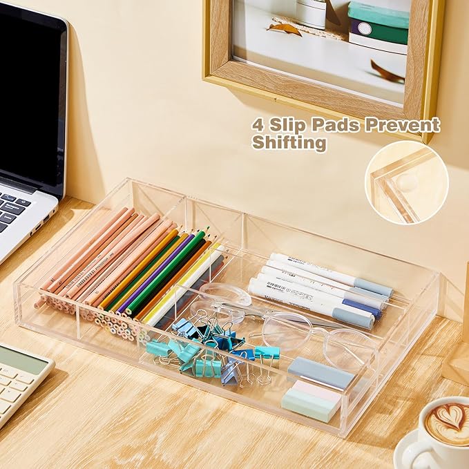 1 Pcs Acrylic Drawer Organizer 9'' up to 18'' x 15'' x 2'' Expandable Drawer Organizer Pens Notebook Ruler Makeup Tray with 7 Adjustable Compartments for Desk Office Kitchen Bathroom(Clear)