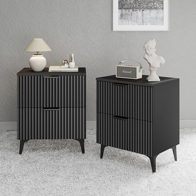 Wood Night Stand Set 2 Fluted Dresser for Bedroom 2 Drawers End Tables Nightstands Set of 2, Storage Modern Bedside Table Set of 2, Black Nightstand