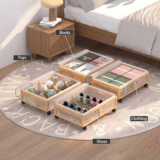 Under Bed Storage Containers with Wheels, Larger Bamboo Wood Under Furniture Storage Containers with Dust Bags，Rolling for Shoes Clothes